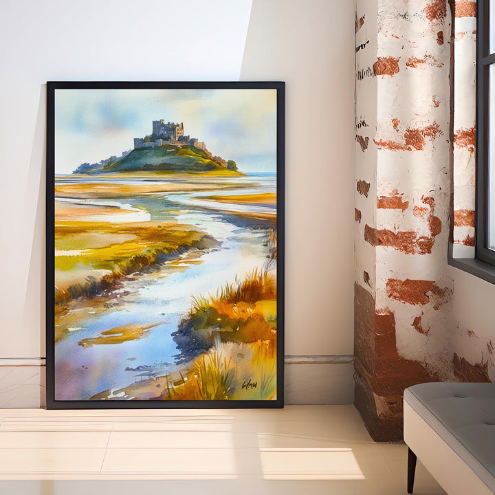 Holy Island Northumberland Watercolour Painting Poster England Wall Art Coastal Landscape Print Gift for UK Travel Lovers and Fans of Scenic