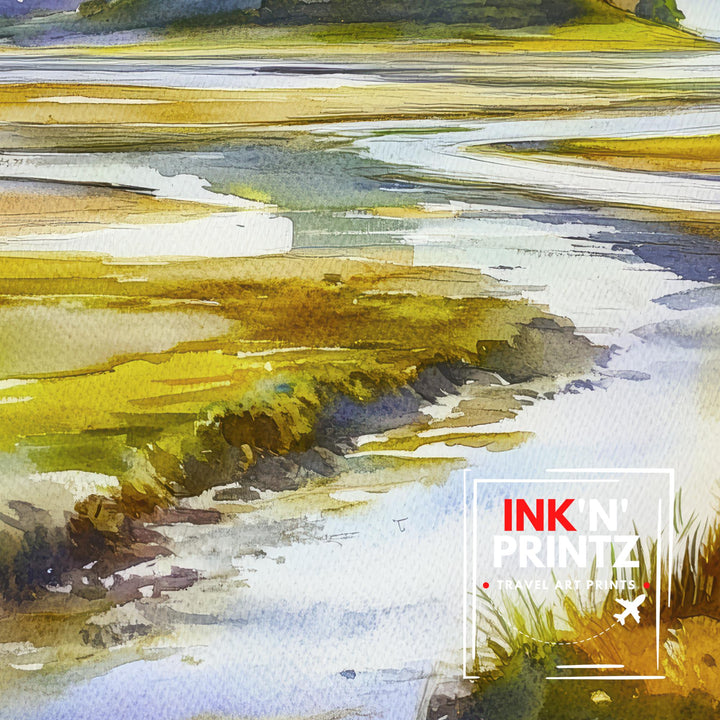 Holy Island Northumberland Watercolour Painting Poster England Wall Art Coastal Landscape Print Gift for UK Travel Lovers and Fans of Scenic