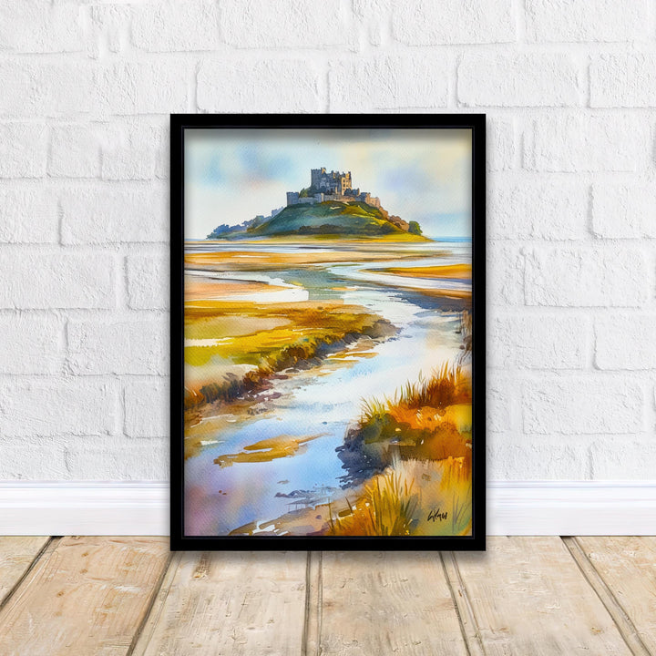 Holy Island Northumberland Watercolour Painting Poster England Wall Art Coastal Landscape Print Gift for UK Travel Lovers and Fans of Scenic