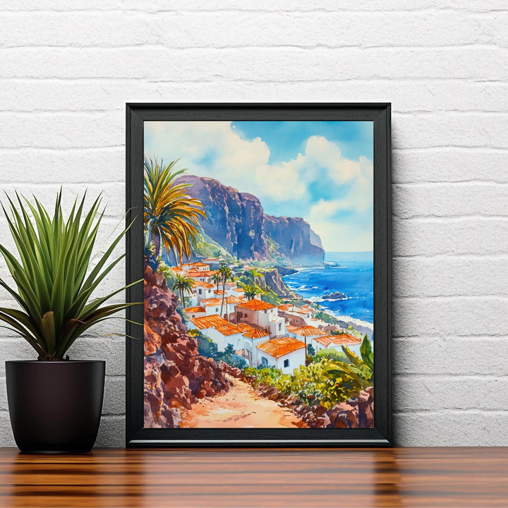 Las Palmas Watercolor Painting Poster Gran Canaria Spain Wall Art Coastal City Landscape Print Gift for Europe Lovers and Fans of Scenic