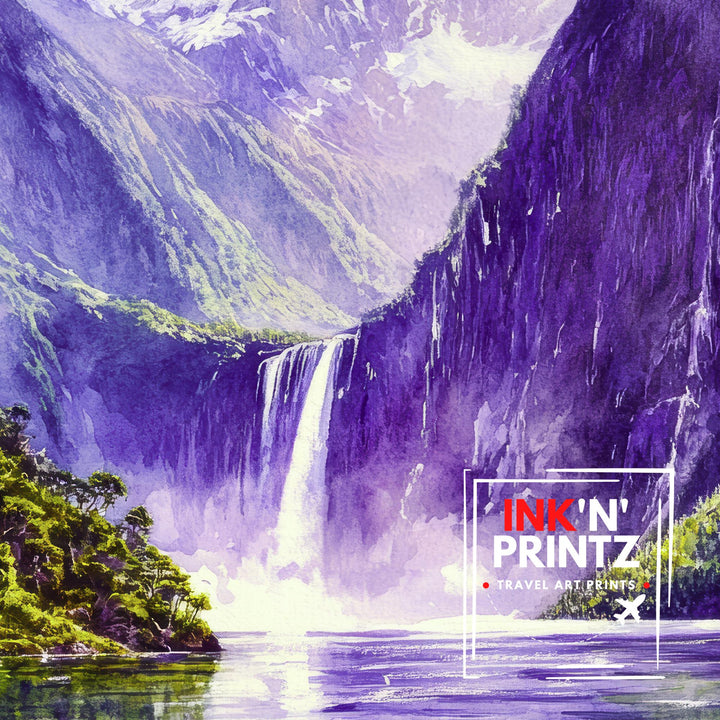 Milford Sound New Zealand Travel Poster Print Wall Art Fiordland Landscape Gift for Oceania Lovers and Fans of Scenic Coastal Mountain