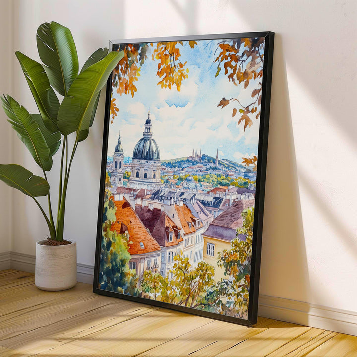 Vienna Watercolor Painting Poster Austria Wall Art Historic City Landscape Print Gift for Europe Travel Lovers and Fans of Scenic Austrian