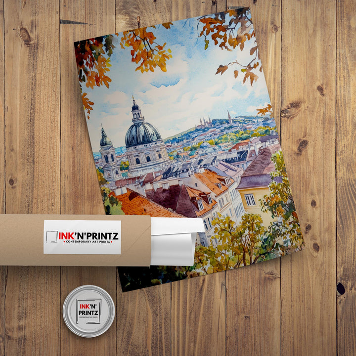 Vienna Watercolor Painting Poster Austria Wall Art Historic City Landscape Print Gift for Europe Travel Lovers and Fans of Scenic Austrian