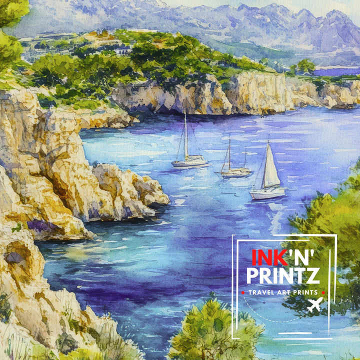 Majorca Watercolor Painting Poster Spain Wall Art Mediterranean Island Landscape Print Gift for Europe Lovers and Fans of Scenic Balearic