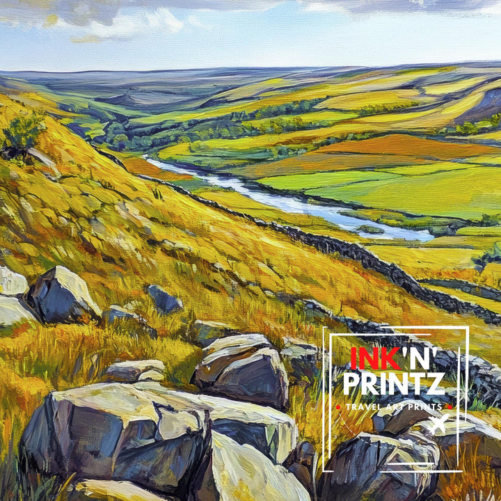 Peak District Watercolour Painting Poster England Wall Art Countryside Landscape Print Gift for UK Travel Lovers and Fans of Scenic British