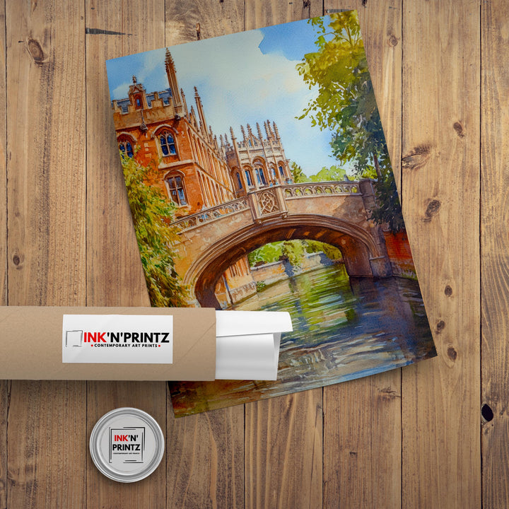 Bridge of Sighs Cambridge Watercolour Art St John's College Print River Cam Punting UK Travel Poster Gothic Architecture England Wall Decor
