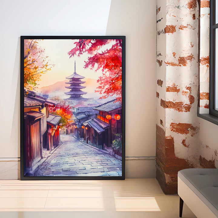 Kyoto Japan Watercolour Painting Poster Japanese Garden Art Cherry Blossom Sakura Temple Pagoda Geisha District Asia Travel Wall Decor