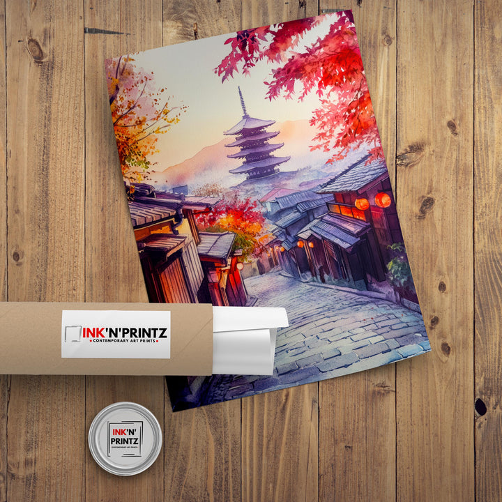 Kyoto Japan Watercolour Painting Poster Japanese Garden Art Cherry Blossom Sakura Temple Pagoda Geisha District Asia Travel Wall Decor