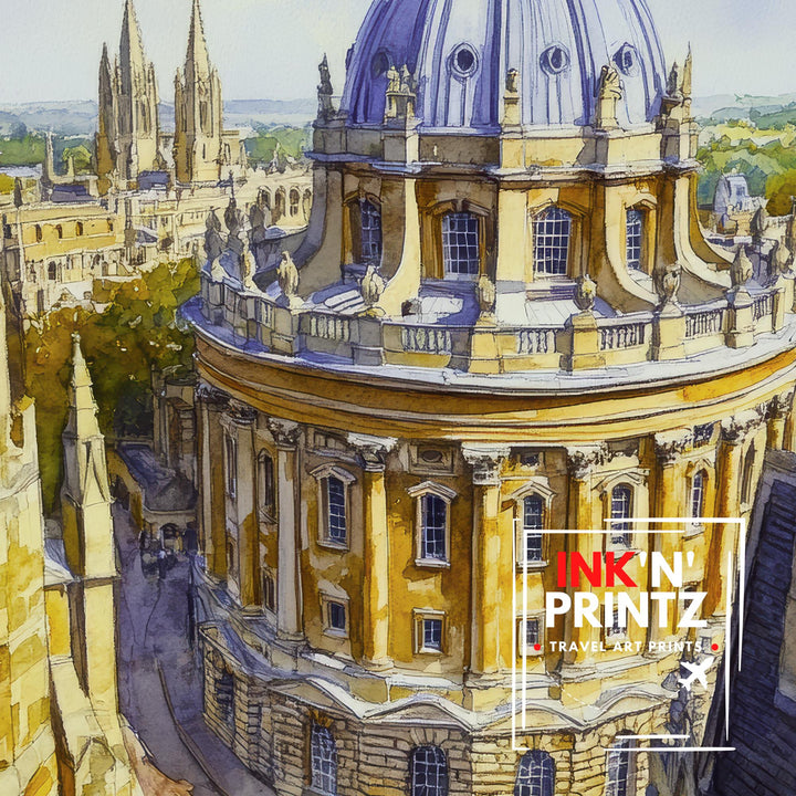 Oxford Watercolour Painting Poster Radcliffe Camera Bodleian Library University City Architecture England Travel Print City of Dreaming