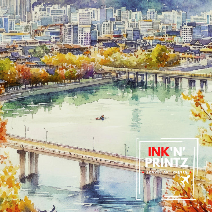 South Korea Watercolour Art Print South Korea Travel Poster Gyeongbokgung Palace Hanok Village Modern Skyline K-Culture Wall Decor Gift