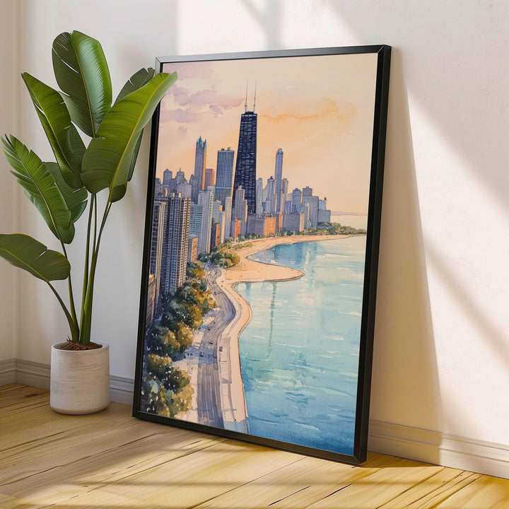 Chicago Skyline Watercolor Art Print, Cityscape Painting, Illinois Travel Decor, Architecture Lover Gift