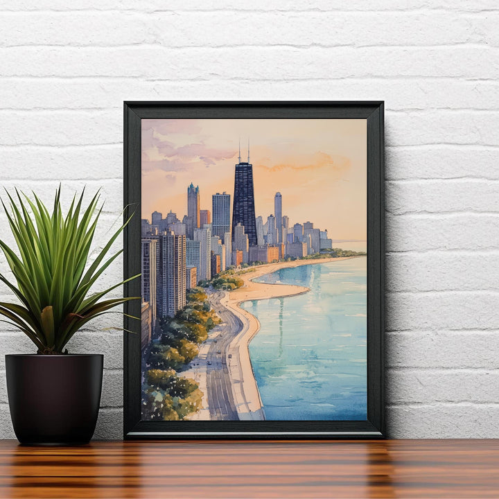 Chicago Skyline Watercolor Art Print, Cityscape Painting, Illinois Travel Decor, Architecture Lover Gift