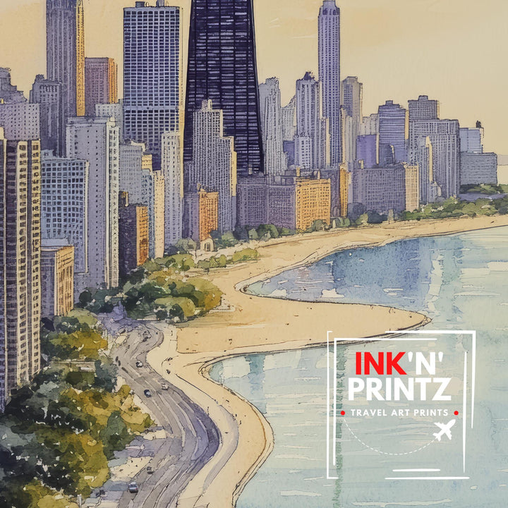 Chicago Skyline Watercolor Art Print, Cityscape Painting, Illinois Travel Decor, Architecture Lover Gift