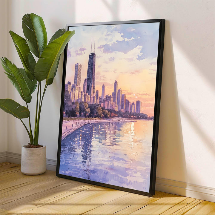 Chicago Skyline Watercolor Art Print, Cityscape Painting, Illinois Travel Decor, Architecture Lover Gift