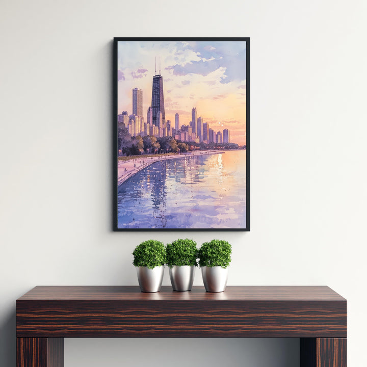 Chicago Skyline Watercolor Art Print, Cityscape Painting, Illinois Travel Decor, Architecture Lover Gift