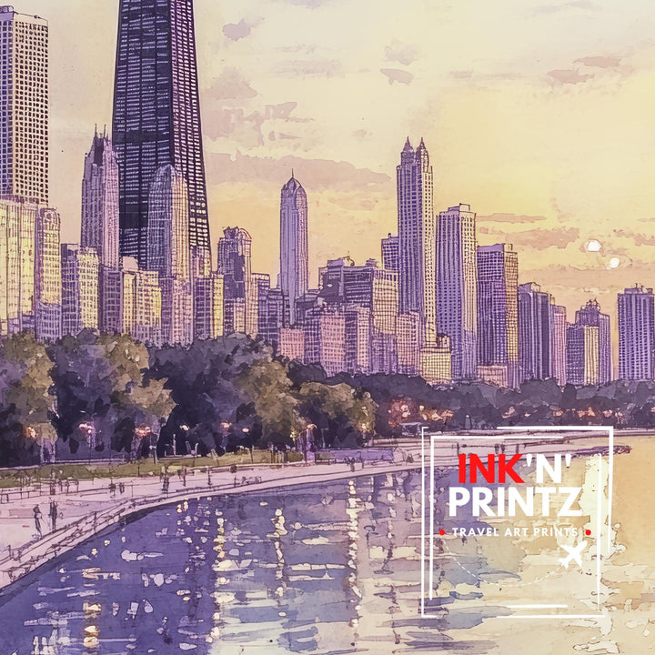 Chicago Skyline Watercolor Art Print, Cityscape Painting, Illinois Travel Decor, Architecture Lover Gift
