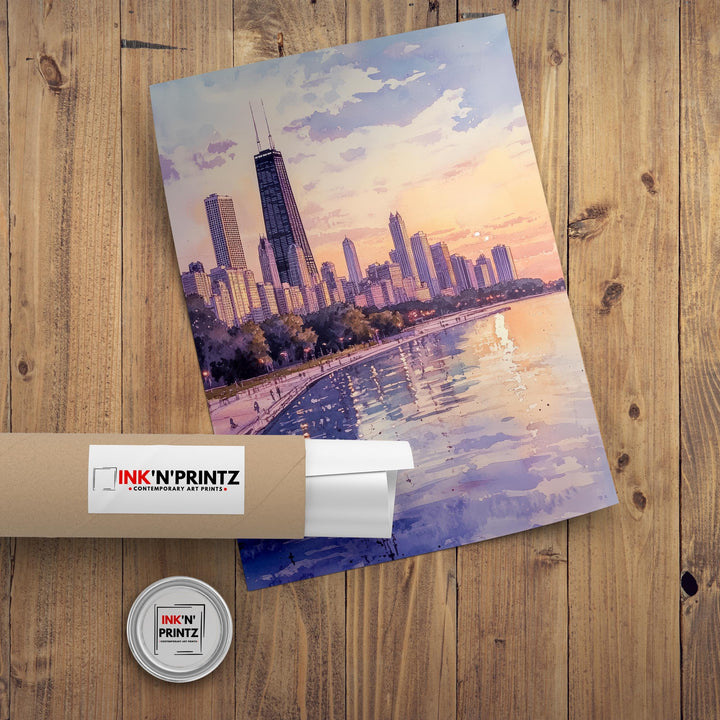 Chicago Skyline Watercolor Art Print, Cityscape Painting, Illinois Travel Decor, Architecture Lover Gift