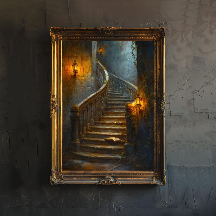 Candlelit Staircase Dark Academia Print Gothic Home Decor Moody Wall Art Enchanted Study Illustration