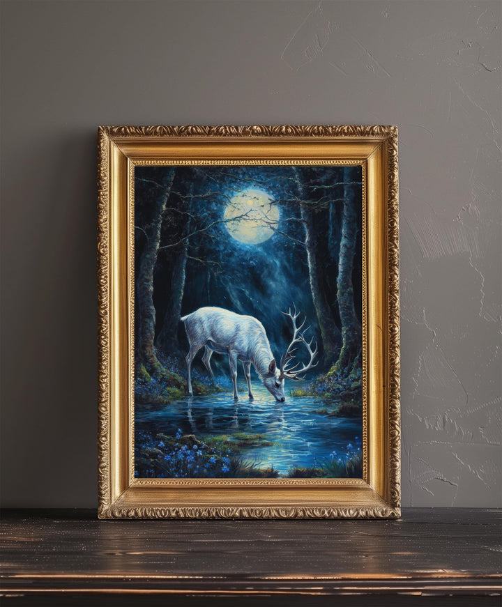 White Stag with Silver Antlers Poster Cottagecore Decor Dark Academia Art Enchanted Woodland Illustration Vintage Nature Wall Art