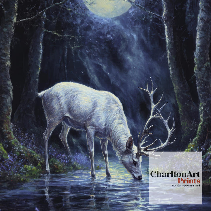 White Stag with Silver Antlers Poster Cottagecore Decor Dark Academia Art Enchanted Woodland Illustration Vintage Nature Wall Art