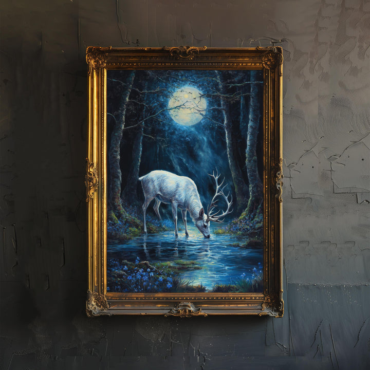 White Stag with Silver Antlers Poster Cottagecore Decor Dark Academia Art Enchanted Woodland Illustration Vintage Nature Wall Art