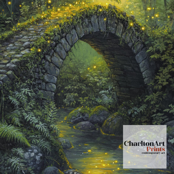 Fairycore Moss Stone Bridge Poster Cottagecore Decor Dark Academia Art Enchanted Woodland Illustration Vintage Nature Wall Art Poster Print