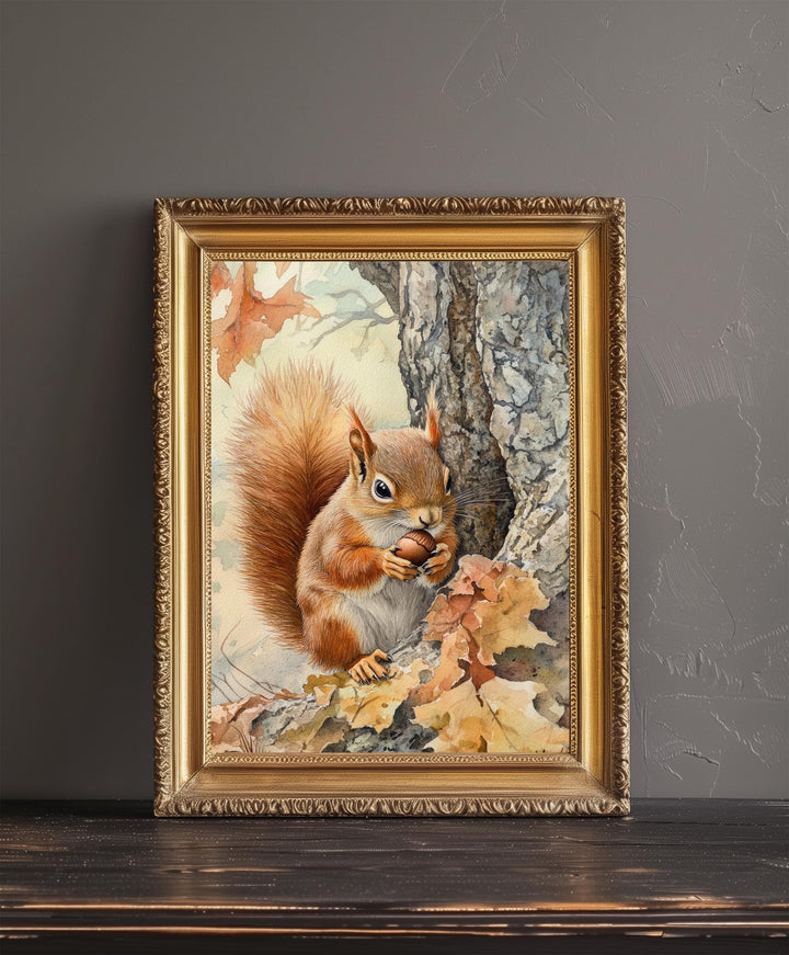 Red Squirrel Watercolour Poster Cottagecore Decor Nature Art Vintage Wildlife Illustration Rustic Woodland Wall Art Poster Print