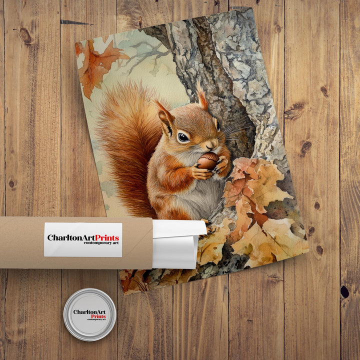 Red Squirrel Watercolour Poster Cottagecore Decor Nature Art Vintage Wildlife Illustration Rustic Woodland Wall Art Poster Print