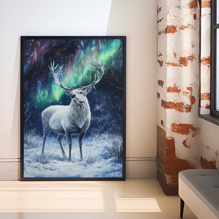 White Stag with Shimmering Antlers Poster Cottagecore Decor Dark Academia Art Enchanted Wildlife Illustration Vintage Nature Wall Art Poster