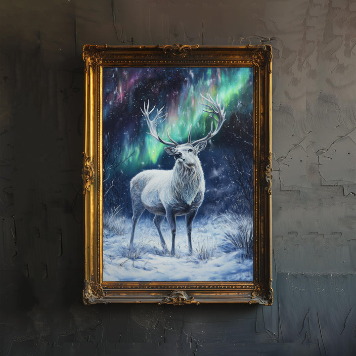 White Stag with Shimmering Antlers Poster Cottagecore Decor Dark Academia Art Enchanted Wildlife Illustration Vintage Nature Wall Art Poster