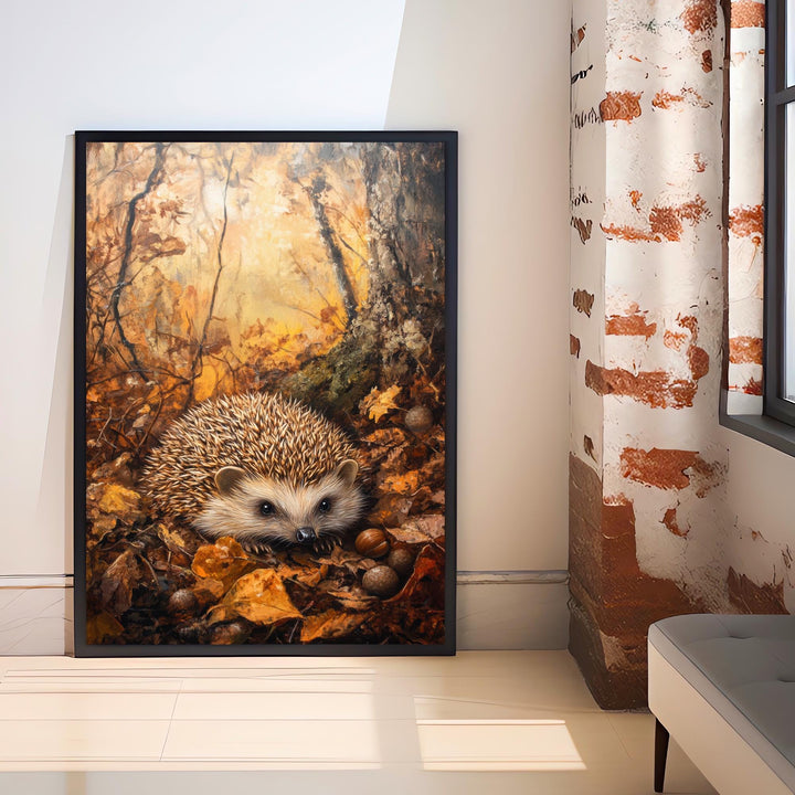 Hedgehog Amongst Autumn Leaves Poster Cottagecore Decor Dark Academia Art Vintage Wildlife Illustration Rustic Nature Wall Art Poster Print