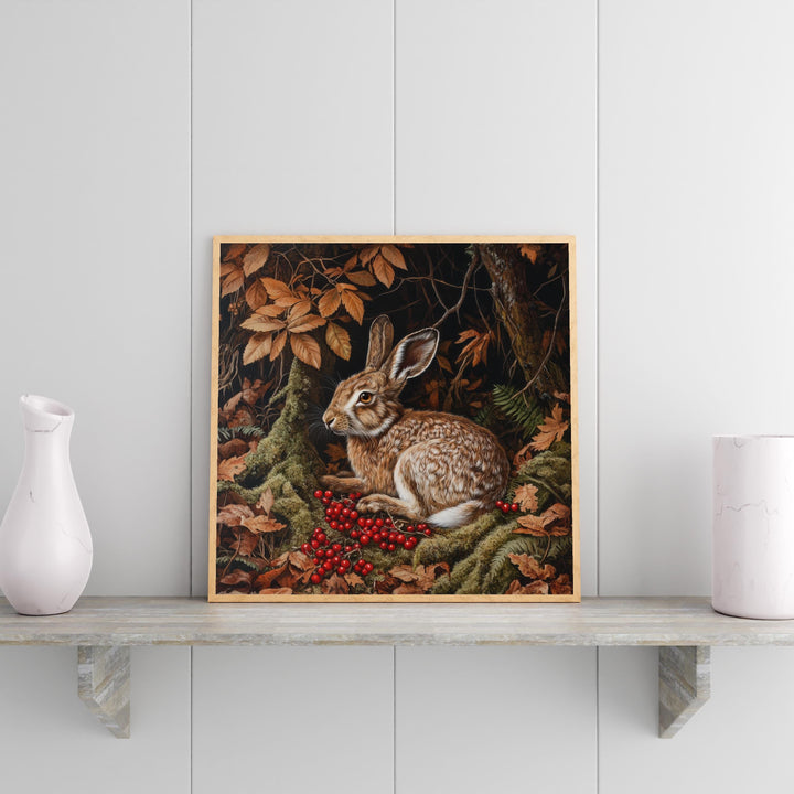 Brown Hare Amongst Berries Poster Cottagecore Decor Dark Academia Art Vintage Wildlife Illustration Rustic Nature Wall Art Poster Print