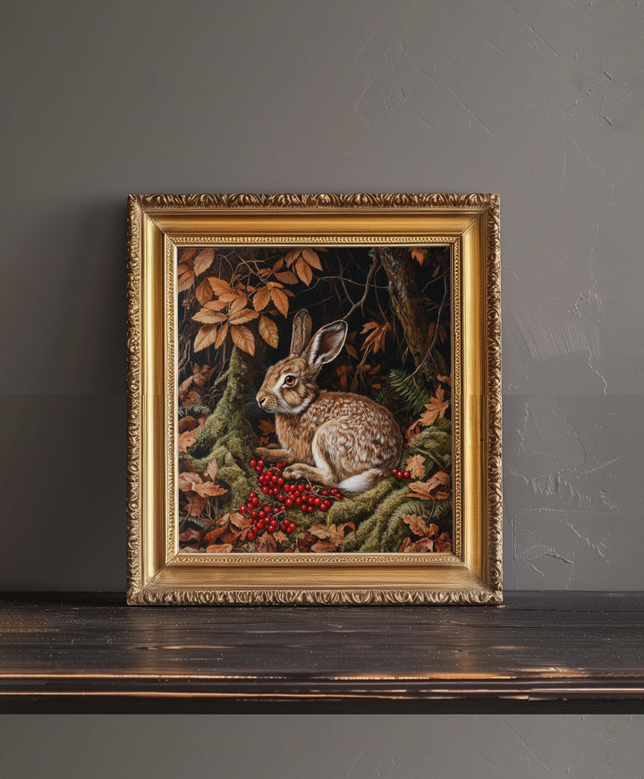 Brown Hare Amongst Berries Poster Cottagecore Decor Dark Academia Art Vintage Wildlife Illustration Rustic Nature Wall Art Poster Print