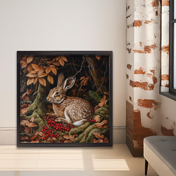 Brown Hare Amongst Berries Poster Cottagecore Decor Dark Academia Art Vintage Wildlife Illustration Rustic Nature Wall Art Poster Print