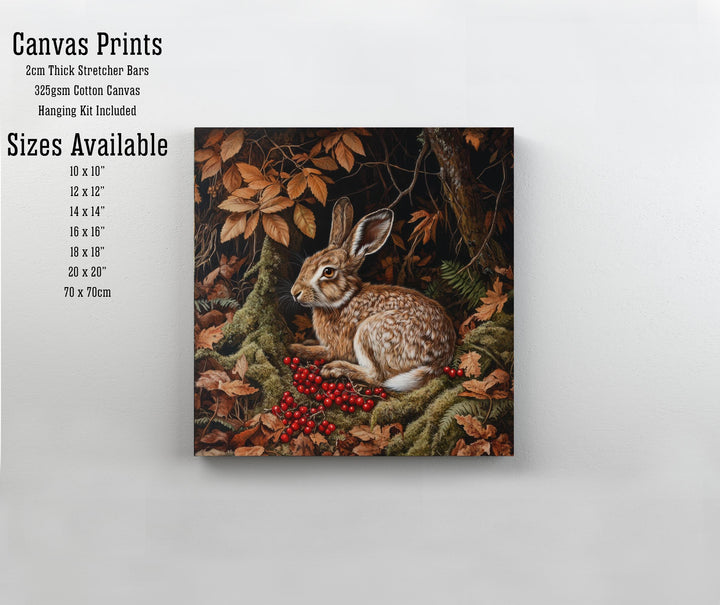Brown Hare Amongst Berries Poster Cottagecore Decor Dark Academia Art Vintage Wildlife Illustration Rustic Nature Wall Art Poster Print