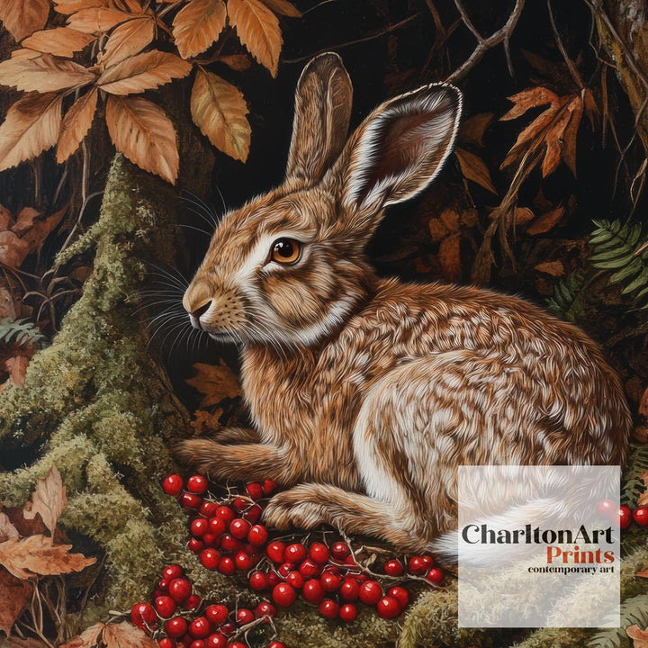 Brown Hare Amongst Berries Poster Cottagecore Decor Dark Academia Art Vintage Wildlife Illustration Rustic Nature Wall Art Poster Print