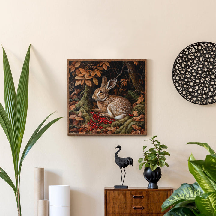 Brown Hare Amongst Berries Poster Cottagecore Decor Dark Academia Art Vintage Wildlife Illustration Rustic Nature Wall Art Poster Print