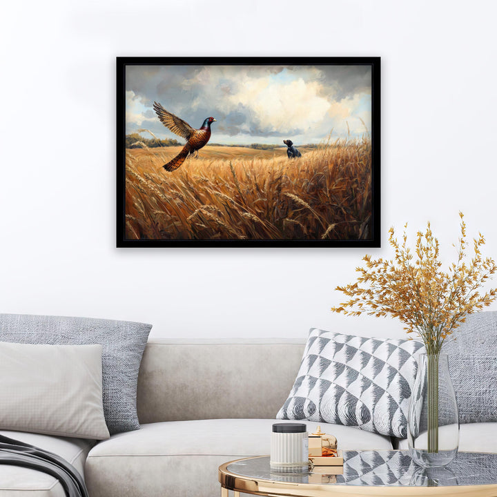 Pheasant Taking Flight Over Golden Field Poster Cottagecore Decor Country Landscape Art Vintage Wildlife Illustration Rustic Nature Wall