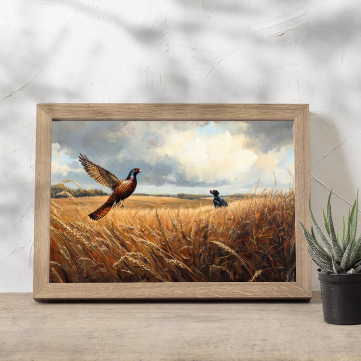 Pheasant Taking Flight Over Golden Field Poster Cottagecore Decor Country Landscape Art Vintage Wildlife Illustration Rustic Nature Wall