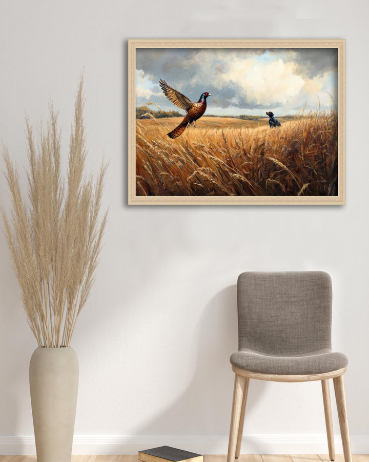 Pheasant Taking Flight Over Golden Field Poster Cottagecore Decor Country Landscape Art Vintage Wildlife Illustration Rustic Nature Wall