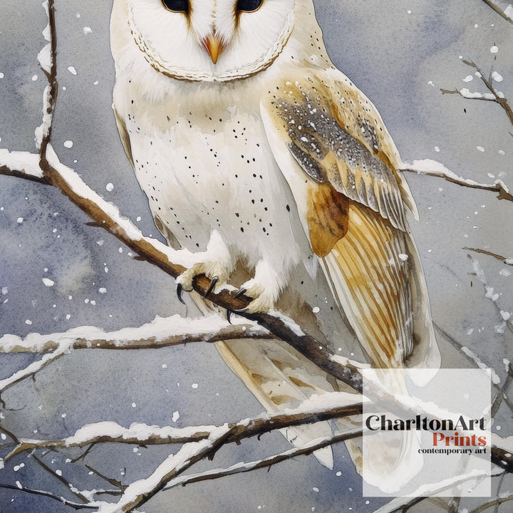 Owl Perched on Winter Branch Poster Cottagecore Decor Dark Academia Art Vintage Wildlife Illustration Rustic Nature Wall Art Poster Print
