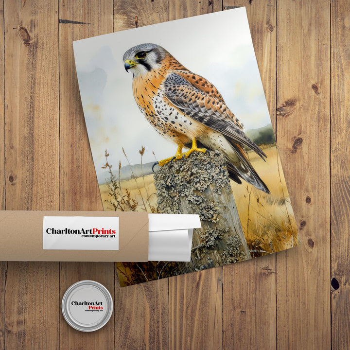 Kestrel Perched on a Fence Watercolour Poster Cottagecore Decor Nature Art Vintage Wildlife Illustration Rustic Countryside Wall Art