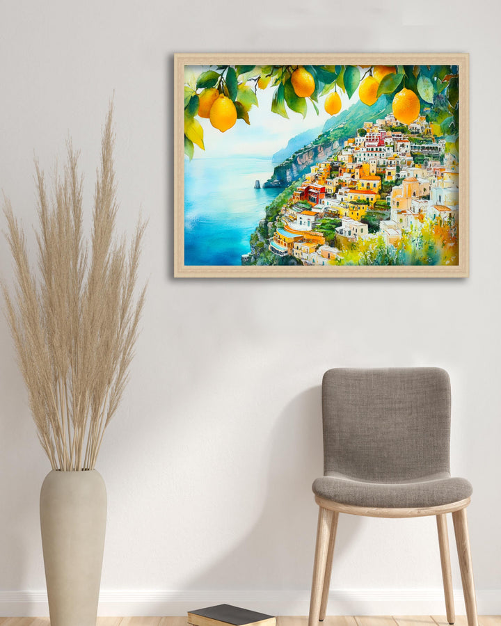 Santorini Watercolor Landscape Painting Poster Greece Wall Art Coastal Village Print Gift for Europe Lovers and Fans of Scenic Greek Island