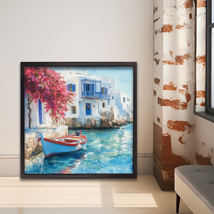 Mykonos Landscape Watercolour Painting Poster Greece Wall Art Coastal Island Scene Print Gift for Europe Lovers and Fans of Scenic Greek