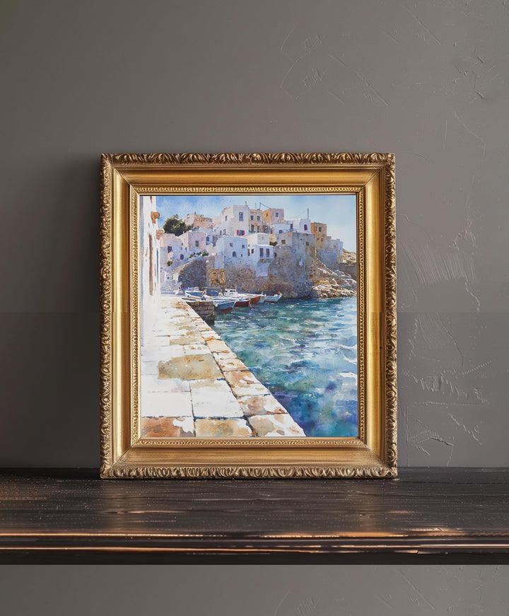 Naxos Greece Watercolour Landscape Painting Poster Wall Art Coastal Island Scene Print Gift for Europe Lovers and Fans of Scenic Greek