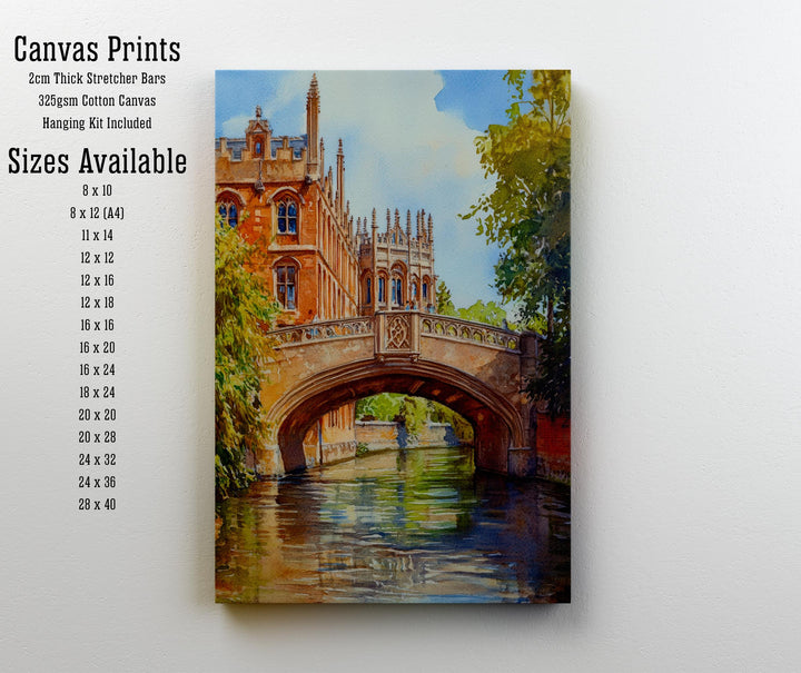 Bridge of Sighs Cambridge Watercolour Art St John's College Print River Cam Punting UK Travel Poster Gothic Architecture England Wall Decor