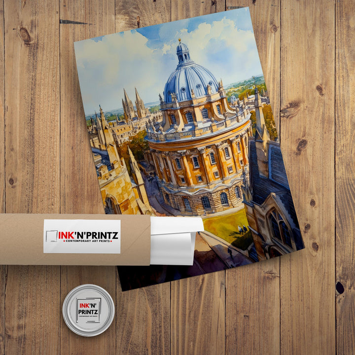 Oxford Watercolour Painting Poster Radcliffe Camera Bodleian Library University City Architecture England Travel Print City of Dreaming