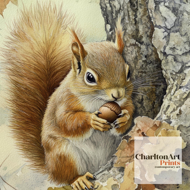 Red Squirrel Watercolour Poster Cottagecore Decor Nature Art Vintage Wildlife Illustration Rustic Woodland Wall Art Poster Print