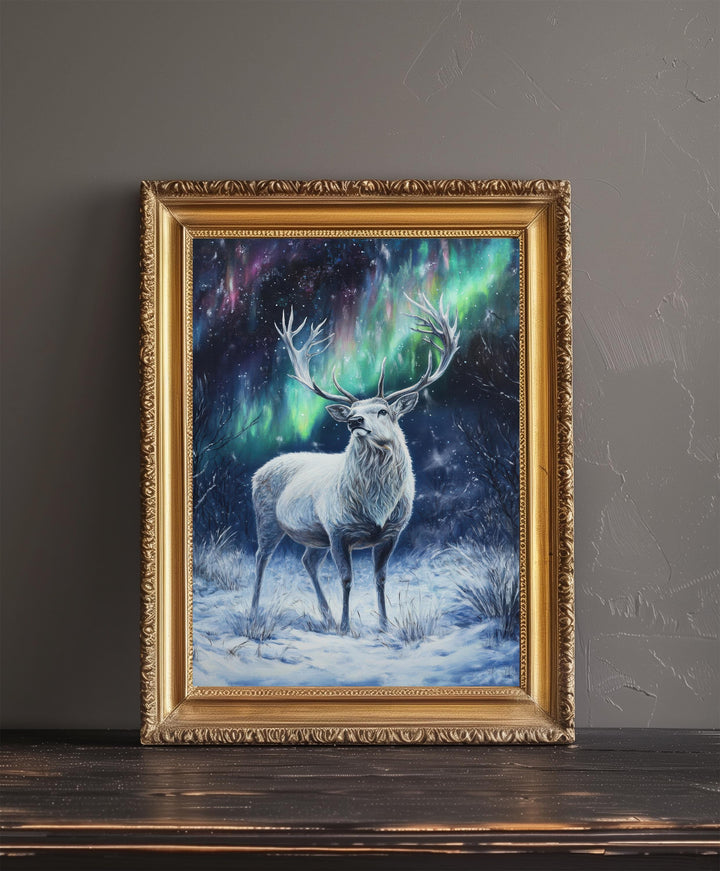 White Stag with Shimmering Antlers Poster Cottagecore Decor Dark Academia Art Enchanted Wildlife Illustration Vintage Nature Wall Art Poster