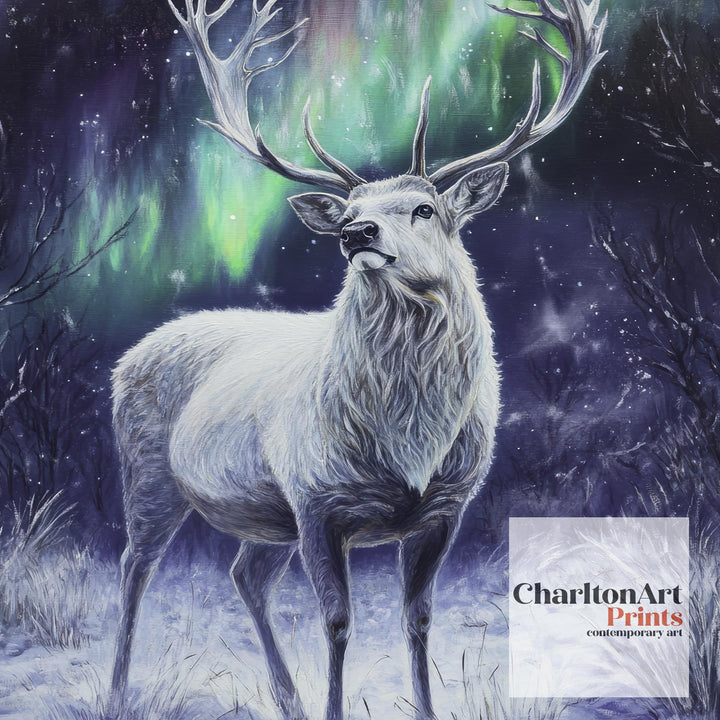 White Stag with Shimmering Antlers Poster Cottagecore Decor Dark Academia Art Enchanted Wildlife Illustration Vintage Nature Wall Art Poster